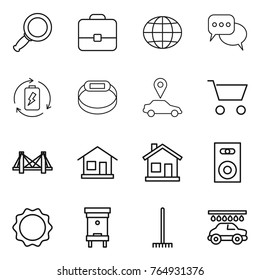 Thin line icon set : magnifier, portfolio, globe, discussion, battery charge, smart bracelet, car pointer, cart, bridge, home, speaker, induction oven, hive, rake, wash