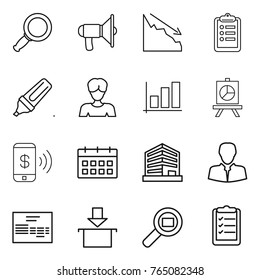 Thin line icon set : magnifier, loudspeaker, crisis, clipboard, marker, woman, graph, presentation, phone pay, calendar, office, client, invoice, package, cargo search, list