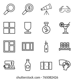 Thin line icon set : magnifier, dollar, telescope, smart glasses, window, fragile, chemical, cocktail, vegetable oil, spices, coffee maker, ketchup, clean, wiping