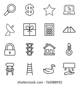 Thin line icon set : magnifier, dollar, star, notebook, satellite antenna, gift, calculator, pyramid, lock, traffic light, home, thermometer, chair, stairs, goose, hand dryer