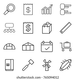 Thin line icon set : magnifier, receipt, diagram, structure, shopping bag, ruler, greenhouse, terms, baggage trolley, fridge, meat hammer, windmill, bug