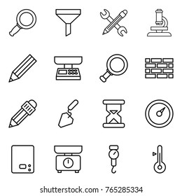 Thin line icon set : magnifier, funnel, pencil wrench, microscope, market scales, brick wall, construction, sand clock, barometer, kitchen, handle, thermometer