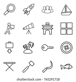 Thin line icon set : magnifier, rocket, group, boat, courier, telescope, arch, window, baggage get, island, key, cooler fan, iron board, meat hammer, sickle, fish