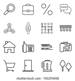 Thin line icon set : magnifier, portfolio, percent, discussion, spinner, smart watch, chip, bridge, home, phone, train, camera, cart, door, kettle, trees