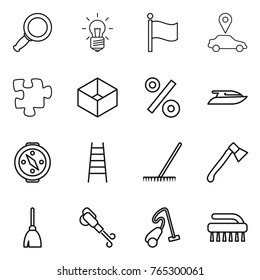 Thin line icon set : magnifier, bulb, flag, car pointer, puzzle, box, percent, yacht, compass, stairs, rake, axe, broom, blower, vacuum cleaner, brush