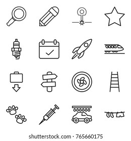 Thin line icon set : magnifier, pencil, laser, star, spark plug, terms, rocket, train, baggage get, signpost, cooler fan, stairs, pets, syringe, car wash, drying clothe