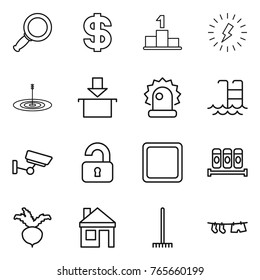 Thin line icon set : magnifier, dollar, pedestal, lightning, target, package, alarm, pool, surveillance, unlocked, cutting board, spices, beet, house, rake, drying clothe