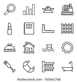 Thin line icon set : magnifier, graph, scales, cashbox, lipstick, copybook, ruler, pallet, service bell, home, pool, induction oven, blender, croissant, watering, bath