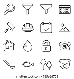 Thin line icon set : magnifier, funnel, calendar, repair, building helmet, terms, landscape, home, drop, unlocked, phone, ladle, fish, trees, pig