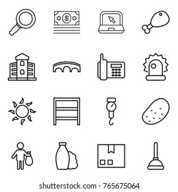 Thin line icon set : magnifier, money, notebook, chicken leg, building, bridge, phone, alarm, sun, rack, handle scales, potato, trash, shampoo, package, plunger