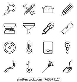 Thin line icon set : magnifier, pencil wrench, electrostatic, market scales, funnel, level, barometer, thermometer, kitchen, handle, sickle, rake, scoop