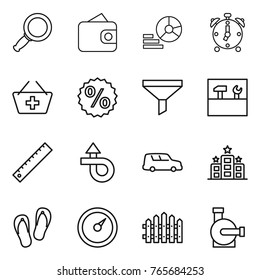 Thin line icon set : magnifier, wallet, diagram, alarm clock, add to basket, percent, funnel, tools, ruler, trip, car shipping, hotel, flip flops, barometer, fence, water pump