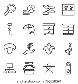 Thin line icon set : magnifier, diagram, journey, tools, do not hook sign, lounger, nightstand, chest of drawers, mushroom, harvest, corn, goose, hierarchy, washing powder, iron board, distrub