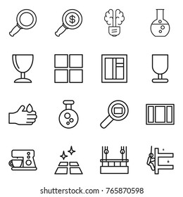 Thin line icon set : magnifier, dollar, bulb brain, round flask, wineglass, window, fragile, acid, chemical, cargo search, coffee maker, clean floor, skysrcapers cleaning, skyscrapers