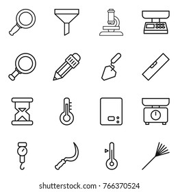 Thin line icon set : magnifier, funnel, microscope, market scales, pencil, construction, level, sand clock, thermometer, kitchen, handle, sickle, rake