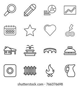 Thin line icon set : magnifier, pencil, diagram, statistics, calendar, star, heart, infinity power, house with garage, fountain, bridge, service bell, ring button, radiator, fire, jug