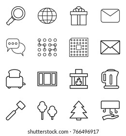 Thin line icon set : magnifier, globe, gift, mail, discussion, chip, cpu, toaster, window, fireplace, kettle, meat hammer, trees, spruce, hand dryer