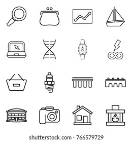 Thin line icon set : magnifier, purse, statistics, boat, notebook, dna, smart watch, infinity power, remove from basket, spark plug, bridge, airport building, camera, home, fireplace