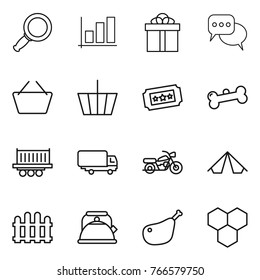 Thin line icon set : magnifier, graph, gift, discussion, basket, ticket, bone, truck shipping, motorcycle, tent, fence, kettle, chicken leg, honeycombs