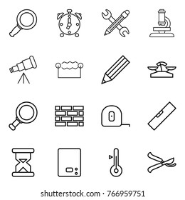 Thin line icon set : magnifier, alarm clock, pencil wrench, microscope, telescope, electrostatic, scales, brick wall, measuring tape, level, sand, kitchen, thermometer, pruner