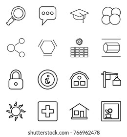 Thin line icon set : magnifier, message, graduate hat, atom core, molecule, hex, sun power, nano tube, lock, info, house, loading, first aid, home, flower in window