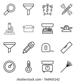 Thin line icon set : magnifier, funnel, alarm clock, pencil wrench, microscope, electrostatic, market scales, measuring tape, level, barometer, thermometer, kitchen, rake