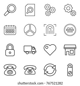 Thin line icon set : magnifier, search document, gear, calendar, diagram, fingerprint, crypto currency, lock, delivery, heart, shop, phone, reload, do not distrub
