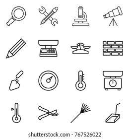 Thin line icon set : magnifier, pencil wrench, microscope, telescope, market scales, brick wall, construction, barometer, thermometer, kitchen, pruner, rake, scoop