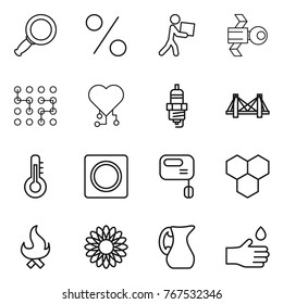 Thin line icon set : magnifier, percent, courier, satellite, chip, cardio, spark plug, bridge, thermometer, ring button, mixer, honeycombs, fire, flower, jug, hand drop