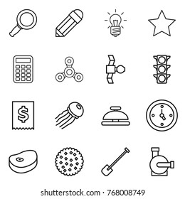 Thin line icon set : magnifier, pencil, bulb, star, calculator, spinner, satellite, traffic light, tax, jellyfish, service bell, watch, steake, cookies, shovel, water pump