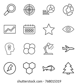 Thin line icon set : magnifier, target, diagram, circle, statistics, calendar, star, eye, bulb head, atom core, table lamp, plane, electricity, honeycombs, fish, spruce