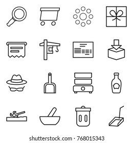 Thin line icon set : magnifier, delivery, round around, gift, atm receipt, tower crane, invoice, package, confidential, scoop, double boiler, ketchup, soil cutter, mortar, trash bin