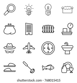 Thin line icon set : magnifier, bulb, electrostatic, purse, skyscraper, fence, warehouse scales, confidential, airplane, watch, sink, slippers, whisk, fish, dish cleanser