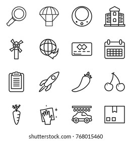 Thin line icon set : magnifier, parachute, necklace, building, windmill, delivery, credit card, calendar, clipboard, rocket, hot pepper, cherry, carrot, wiping, car wash, package