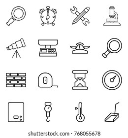 Thin line icon set : magnifier, alarm clock, pencil wrench, microscope, telescope, market scales, brick wall, measuring tape, sand, barometer, kitchen, handle, thermometer, scoop