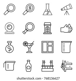 Thin line icon set : magnifier, dollar, flask, telescope, web cam, building, acid, chemical, cocktail, window, measuring cup, ketchup, skysrcapers cleaning, skyscrapers