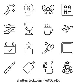 Thin line icon set : magnifier, bulb head, bow, wc, journey, wineglass, hot drink, plane, terms, baggage, tennis, cutting board, knife, jug, cleaner