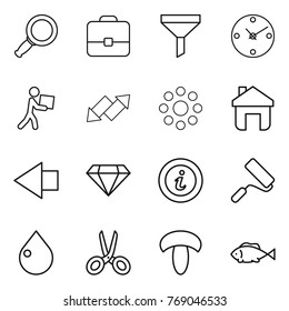 Thin line icon set : magnifier, portfolio, funnel, clock, courier, up down arrow, round around, home, left, diamond, info, repair, drop, scissors, mushroom, fish