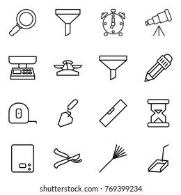 Thin line icon set : magnifier, funnel, alarm clock, telescope, market scales, pencil, measuring tape, construction, level, sand, kitchen, pruner, rake, scoop