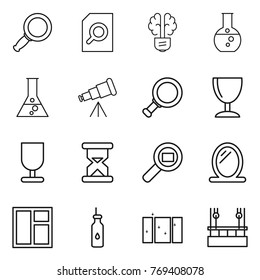 Thin line icon set : magnifier, search document, bulb brain, round flask, telescope, wineglass, fragile, sand clock, cargo, mirror, window, vegetable oil, clean, skysrcapers cleaning