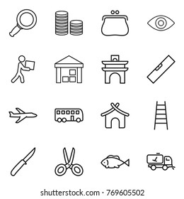 Thin line icon set : magnifier, coin stack, purse, eye, courier, warehouse, arch, level, plane, bus, bungalow, stairs, knife, scissors, fish, home call cleaning