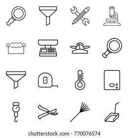 Thin line icon set : magnifier, funnel, pencil wrench, microscope, electrostatic, market scales, measuring tape, thermometer, kitchen, handle, pruner, rake, scoop