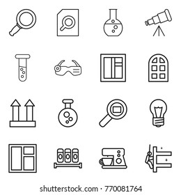 Thin line icon set : magnifier, search document, round flask, telescope, vial, smart glasses, window, arch, cargo top sign, chemical, bulb, spices, coffee maker, skyscrapers cleaning