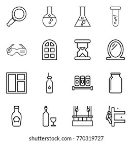 Thin line icon set : magnifier, round flask, vial, smart glasses, arch window, sand clock, mirror, vegetable oil, spices, bank, ketchup, wine, skysrcapers cleaning, skyscrapers