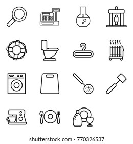 Thin line icon set : magnifier, cashbox, round flask, detector, lifebuoy, toilet, hanger, radiator, washing machine, cutting board, skimmer, meat hammer, coffee maker, fork spoon plate