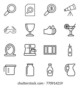 Thin line icon set : magnifier, search document, dollar, telescope, smart glasses, wineglass, acid, cocktail, mirror, coffee maker, window, vegetable oil, measuring cup, bank, ketchup, jug
