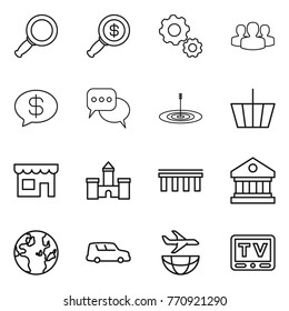 Thin line icon set : magnifier, dollar, gear, group, money message, discussion, target, basket, shop, castle, bridge, library, globe, car shipping, plane, tv