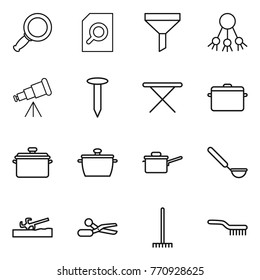 Thin line icon set : magnifier, search document, funnel, share, telescope, nail, iron board, pan, saute, ladle, soil cutter, scissors, rake, brush