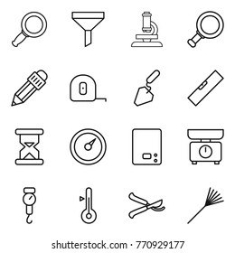 Thin line icon set : magnifier, funnel, microscope, pencil, measuring tape, construction, level, sand clock, barometer, kitchen scales, handle, thermometer, pruner, rake