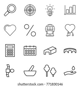 Thin line icon set : magnifier, target, bulb, graph, heart, percent, notebook globe, cardio chip, calculator, calendar, warehouse, bridge, satellite, mortar, trees, hand and drop